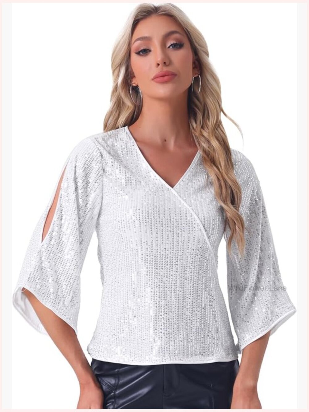 Sequined 3/4 Sleeve V-Neck Blouse - Sparkly Party Club Top